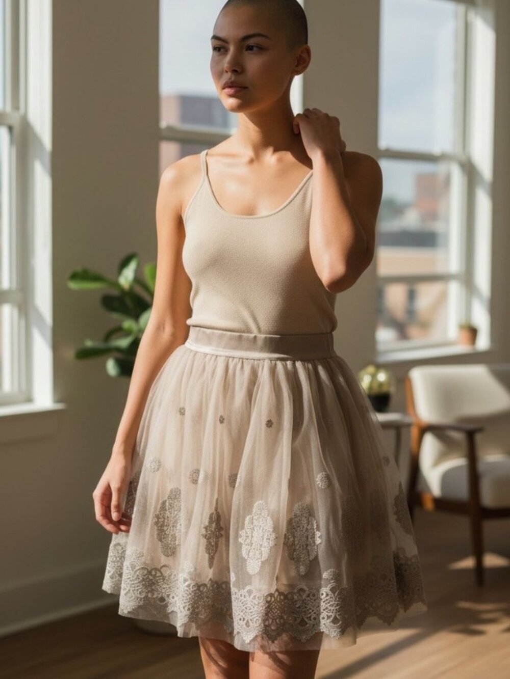 Bebe Beige Gold Lace and Tulle Mini Full Skater Skirt Size 6